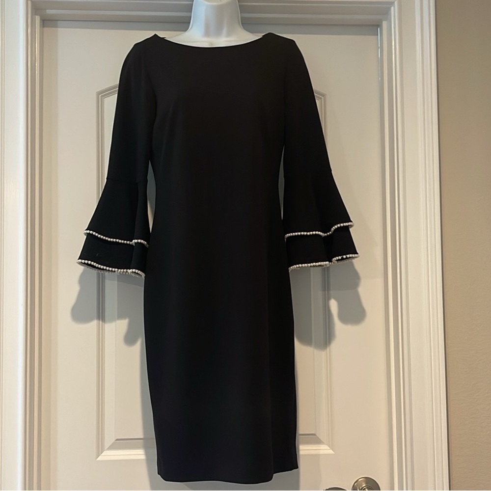 Calvin Klein tiered bell sleeve dress with pearls 4